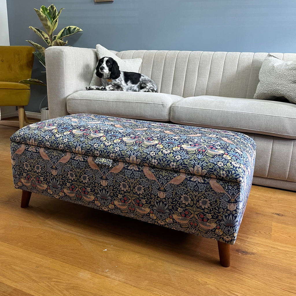 Navy storage ottoman footstool in navy William morris strawberry thief velvet