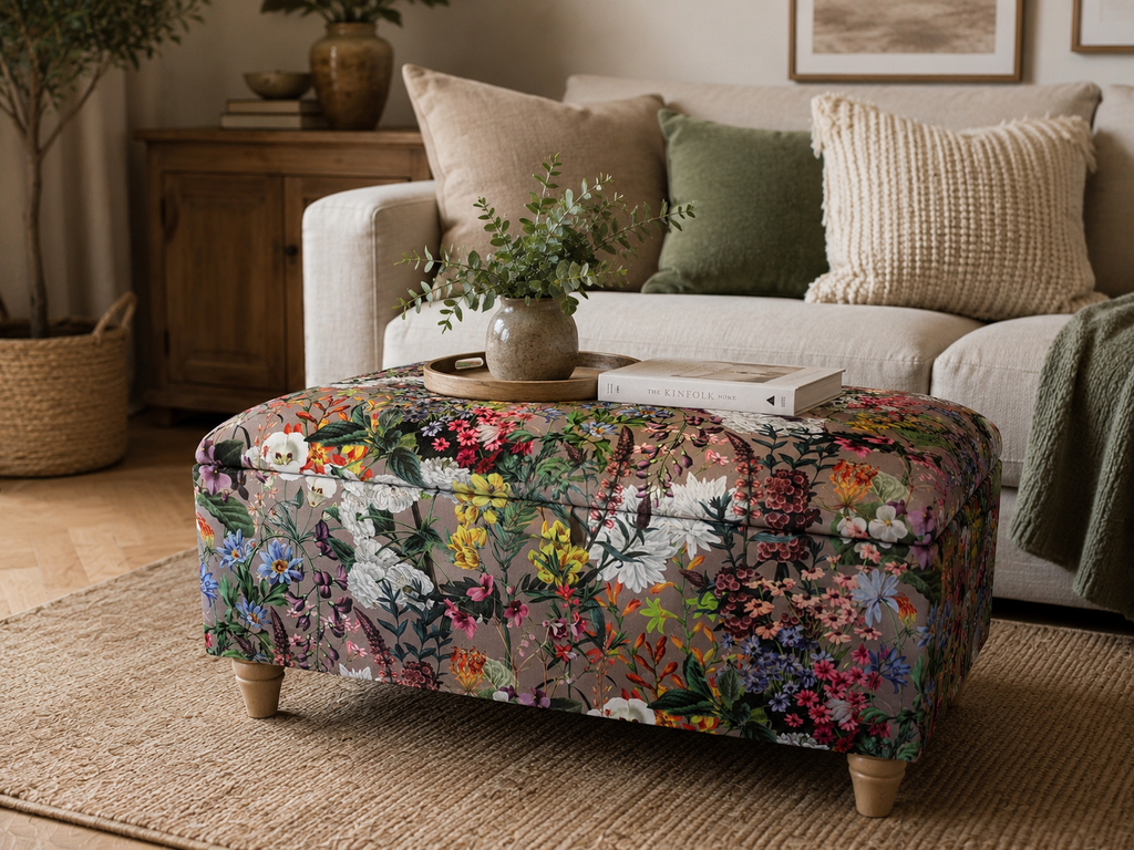 A floral upholstered ottoman with wooden legs sits in a living room in front of a cream sofa. The ottoman features a dense multicolor floral pattern with pink, yellow, blue, green, and white flowers on a muted taupe background.