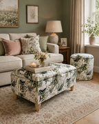 A styled living room featuring a large upholstered ottoman with a botanical and butterfly pattern, alongside a matching cylindrical storage stool. The furniture is set on a patterned area rug in front of a neutral sofa.