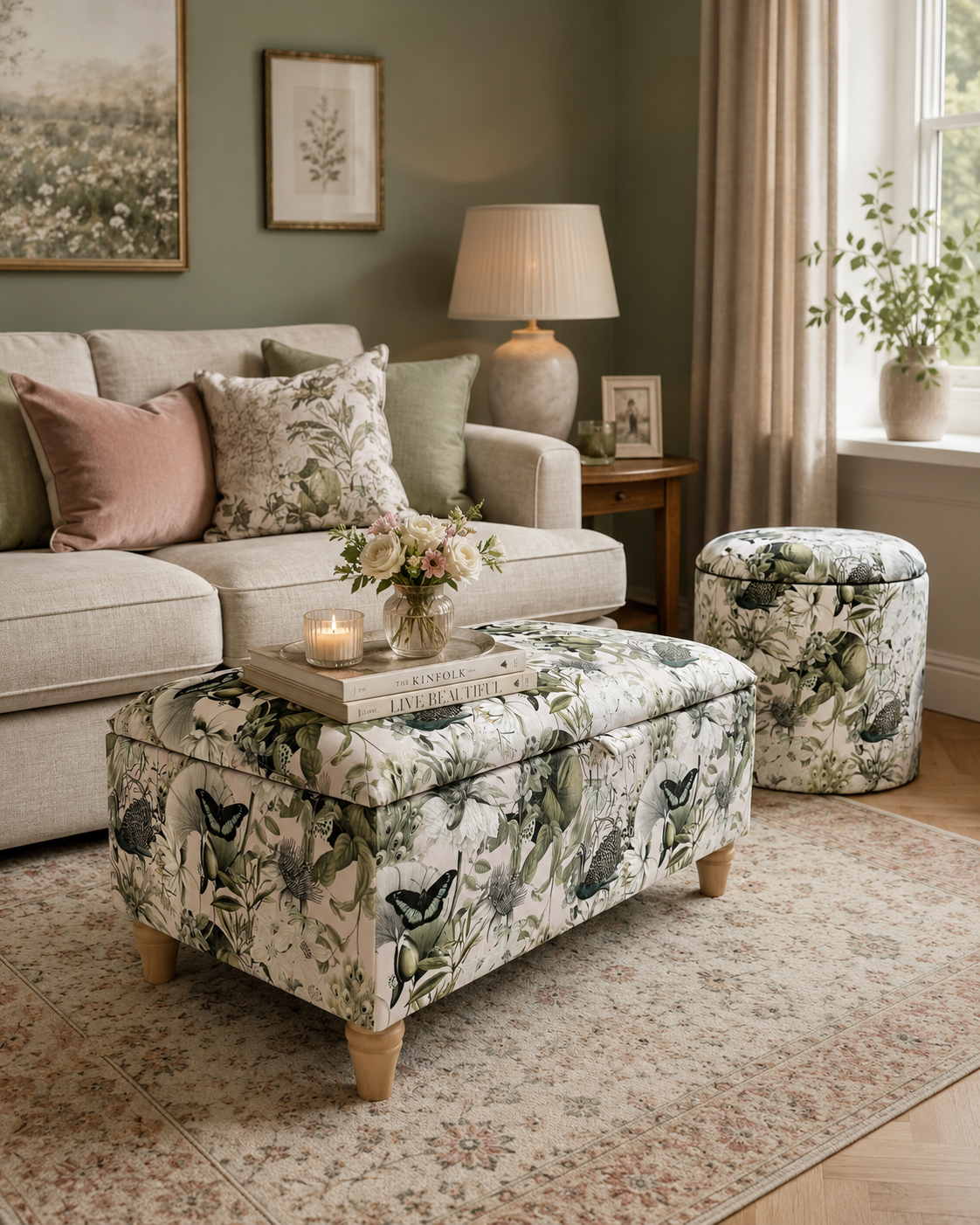 A styled living room featuring a large upholstered ottoman with a botanical and butterfly pattern, alongside a matching cylindrical storage stool. The furniture is set on a patterned area rug in front of a neutral sofa.
