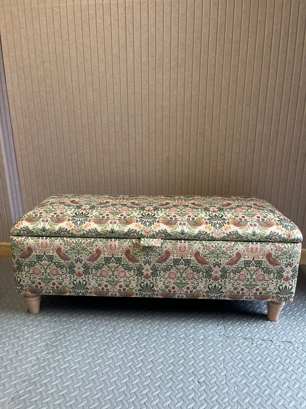 William Morris Storage Ottoman in Strawberry Thief Natural Heritage light velvet fabric