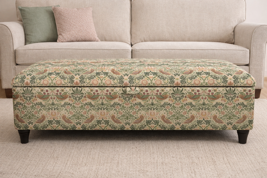 William Morris Strawberry thief ottoman in front of a beige sofa with cushions