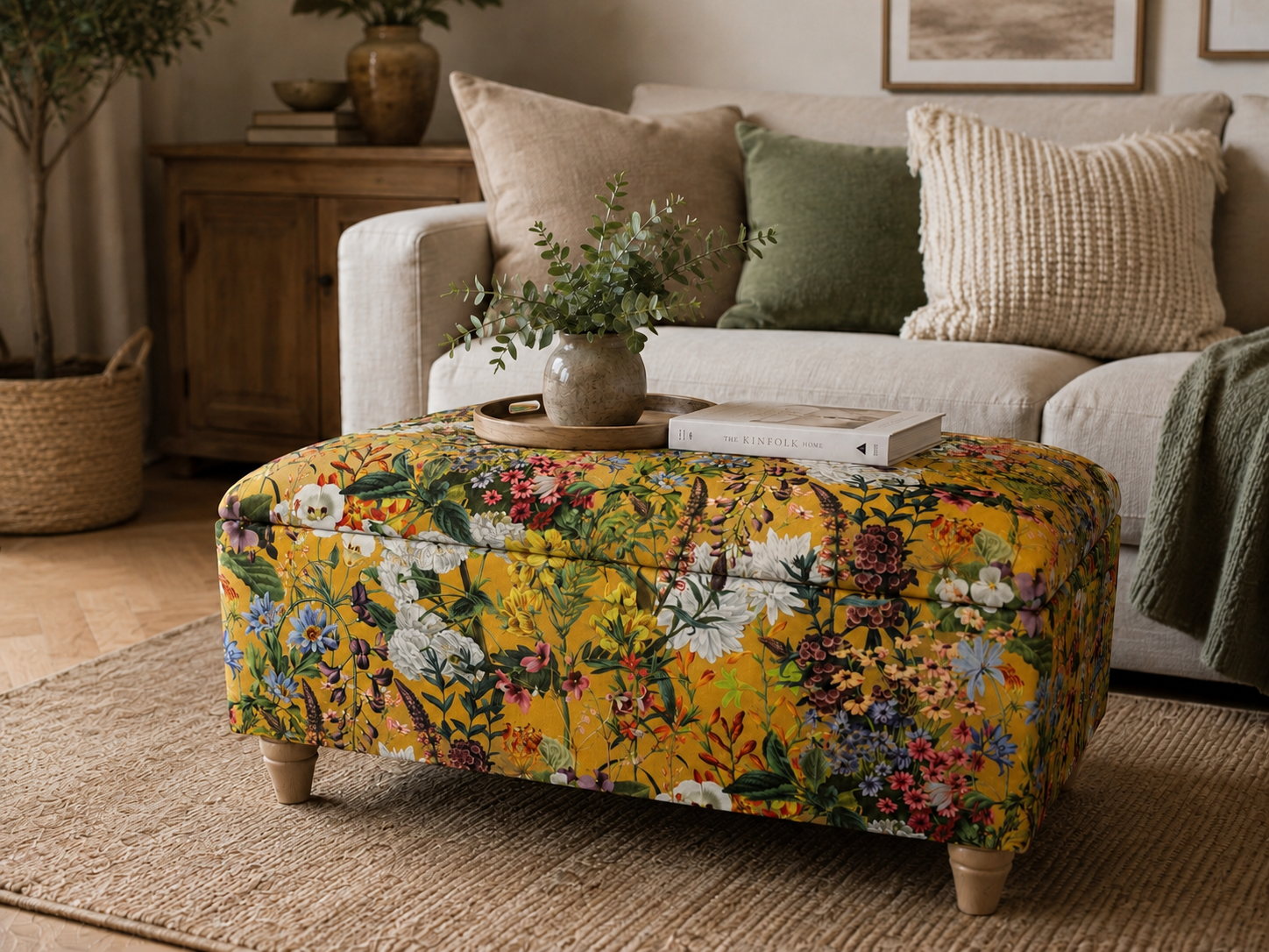 A floral storage ottoman with a yellow and multicolor wildflower pattern, styled in a cozy living room setting with a sofa, throw pillows, and a small plant on top.