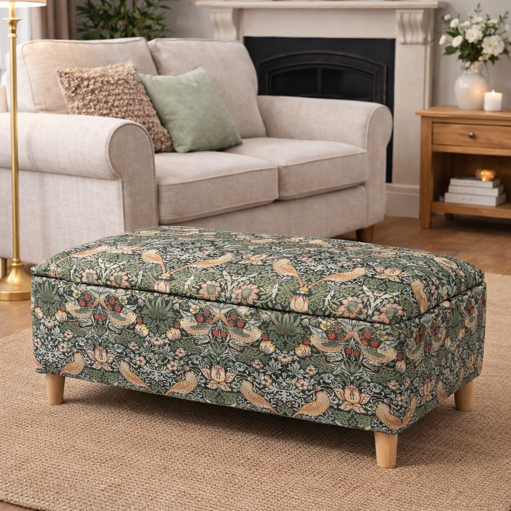 Vintage Forest storage footstool in a modern living room