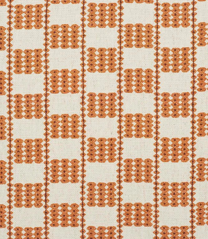 A close-up of a iLiv Flint fabric with a repeating geometric pattern of orange-brown diamond and square motifs on an off-white background.
