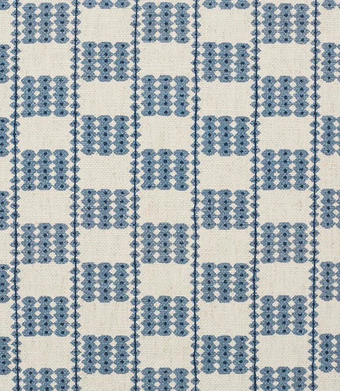 A close-up of a iLiv Flint fabric pattern featuring a blue and off-white checkered design with small geometric diamond motifs.
