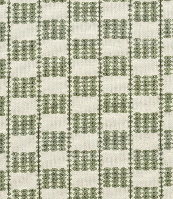 A close-up of a iLiv Flint fabric pattern featuring a repeating geometric design in sage green and olive on a warm off-white background.