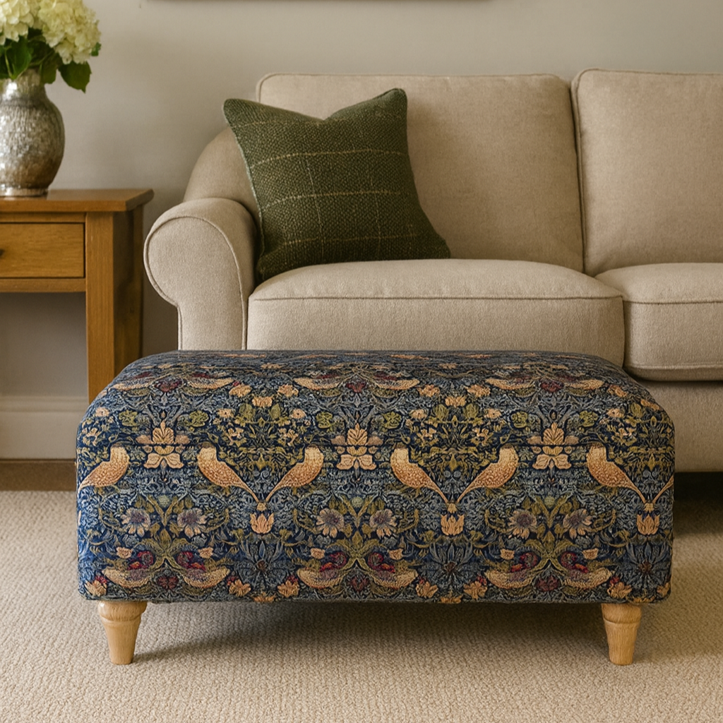 Storage Ottoman Footstool in Navy Strawberry Thief Velvet