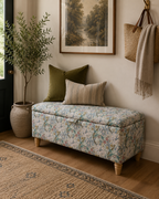 Light Golden Lily William Morris Fabric with wooden legs in a modern decorative hallway