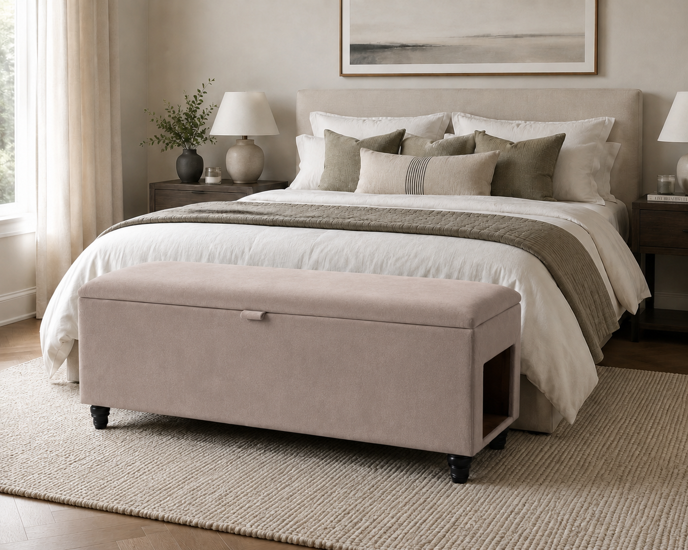 A beige upholstered storage bench with black legs sits and a side pet entrance at the foot of a neatly made bed in a softly lit bedroom. The bed is dressed in white and taupe bedding with matching pillows, and the room includes nightstands, lamps, a rug, and framed wall art.