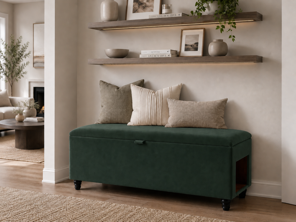 A dark green upholstered storage bench with black wheels, styled with three neutral throw pillows in a bright, modern living room setting.