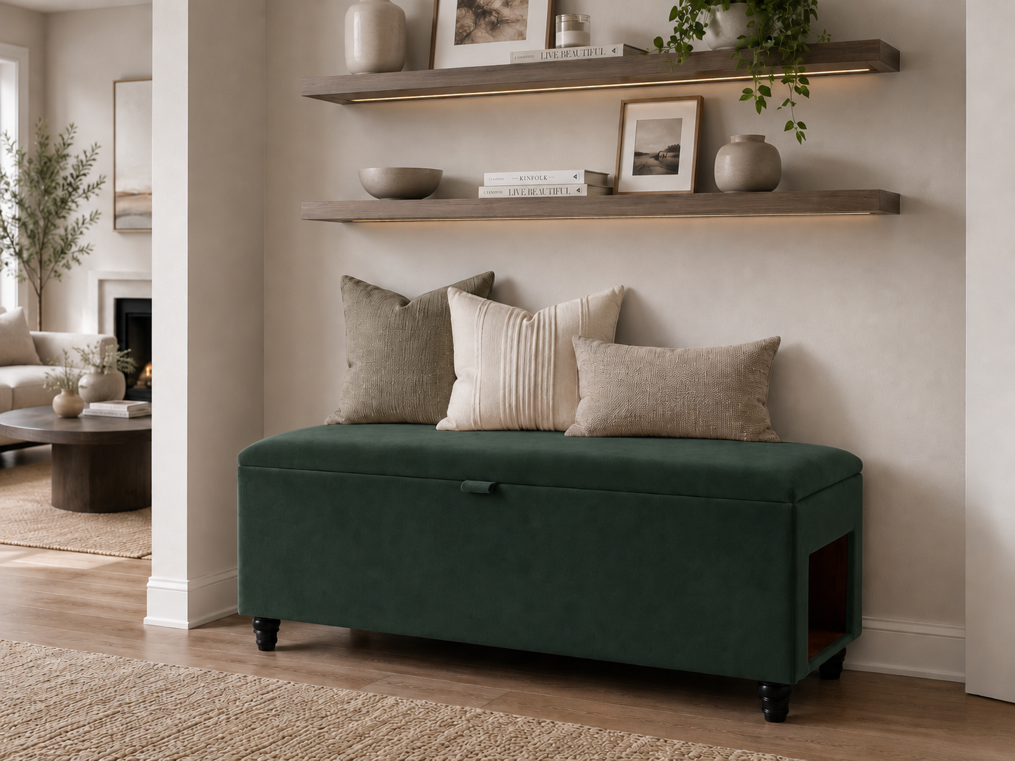 A dark green upholstered storage bench with black wheels, styled with three neutral throw pillows in a bright, modern living room setting.