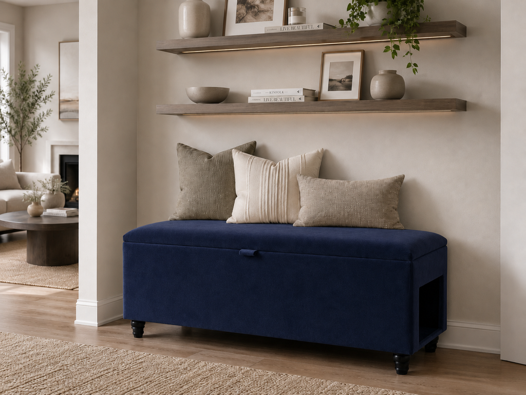 A navy blue upholstered storage bench with black legs, styled with three neutral throw pillows in a bright, modern living room setting.