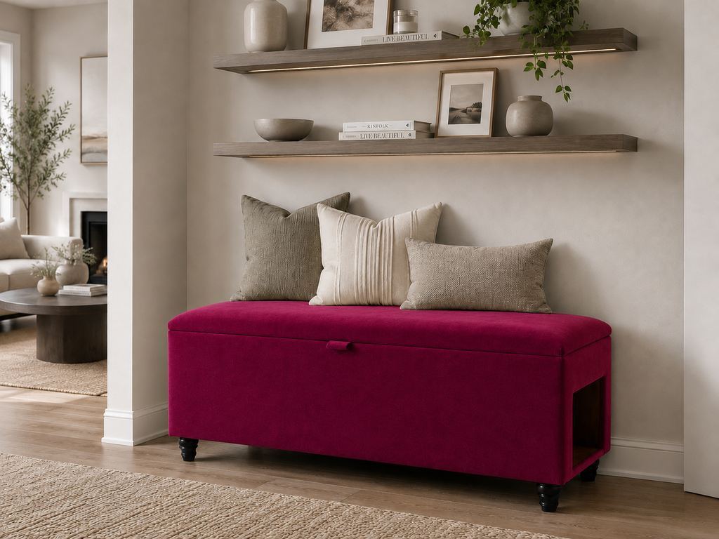 A raspberry pink upholstered storage bench with black legs sits and a side pet entrance at the foot of a neatly made bed in a softly lit hallway. The hallway is neutral  in white and beige decor with wooden selves.
