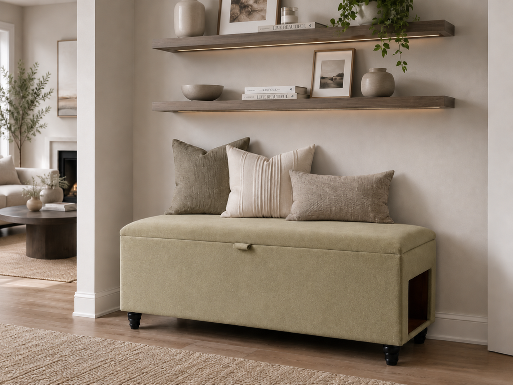 A sage upholstered storage bench with black legs sits and a side pet entrance at the foot of a neatly made bed in a softly lit hallway. The hallway is neutral  in white and beige decor with wooden selves.