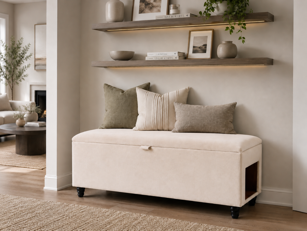 An upholstered storage bench with a cream fabric cover and black casters, styled with three neutral throw pillows in a modern living room setting with floating shelves.