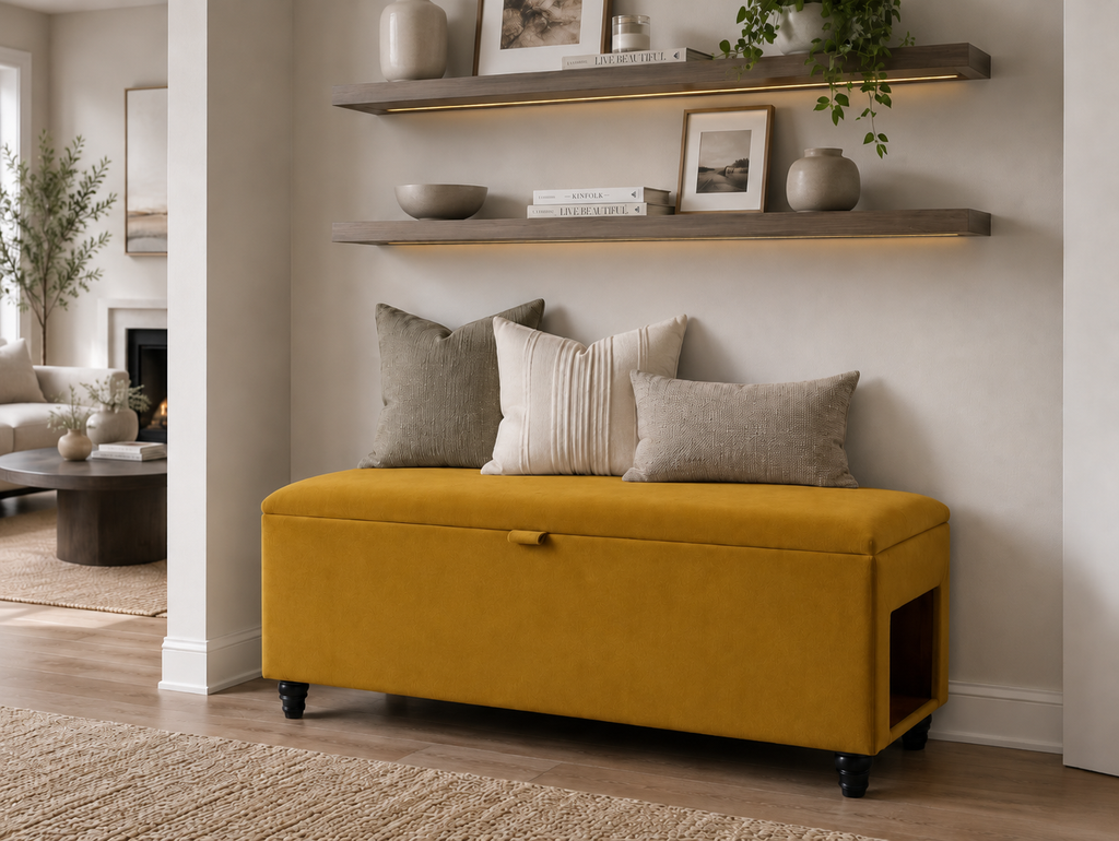 A mustard yellow upholstered storage bench with a small front pull handle and black caster wheels, styled in a living room setting with three neutral throw pillows. Above the bench are two floating wood shelves with decor items.