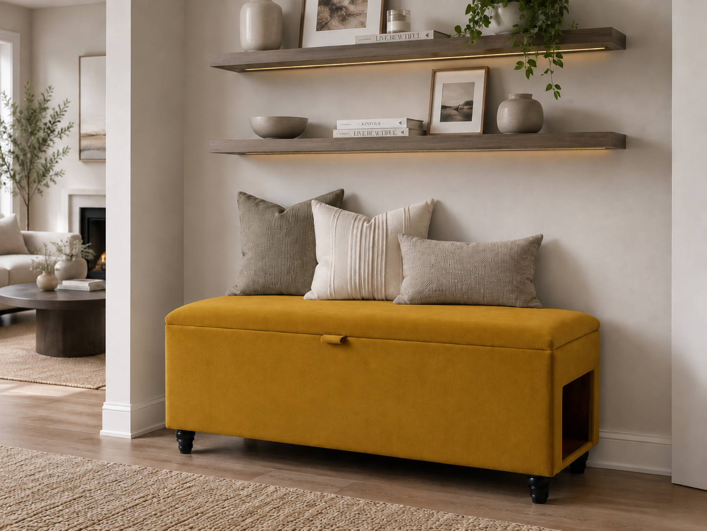 A mustard yellow upholstered storage bench with a small front pull handle and black caster wheels, styled in a living room setting with three neutral throw pillows. Above the bench are two floating wood shelves with decor items.
