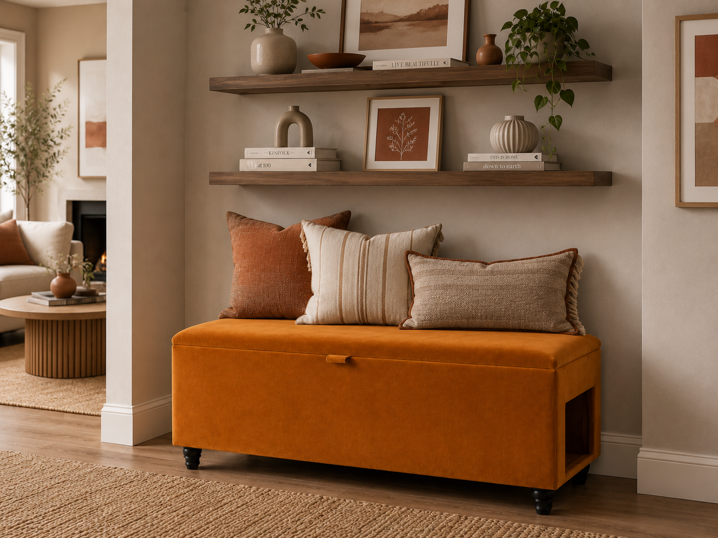 A lifestyle living room with a storage ottoman with a side opening for a dog/cat in orange velvet, room has complimentary decor