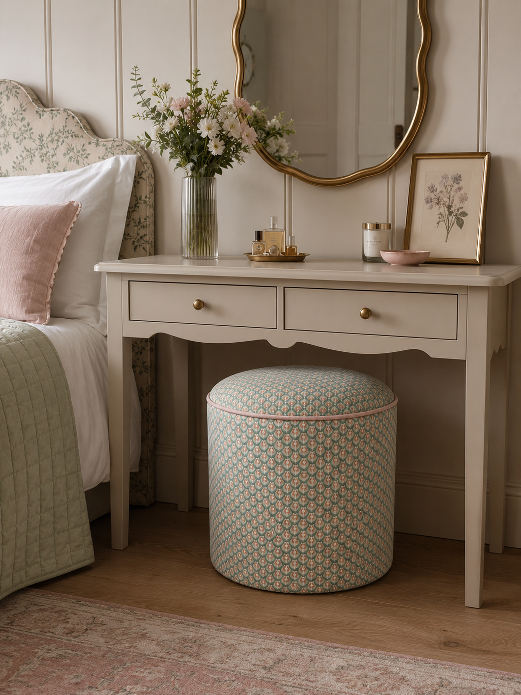 A styled bedroom scene featuring a cream-colored vanity desk with two drawers, a gold-framed mirror, and a matching patterned cylindrical ottoman in a pink and green scallop design. The room has light wood floors, paneled walls, and a bed with white linens and a pink pillow on the left.