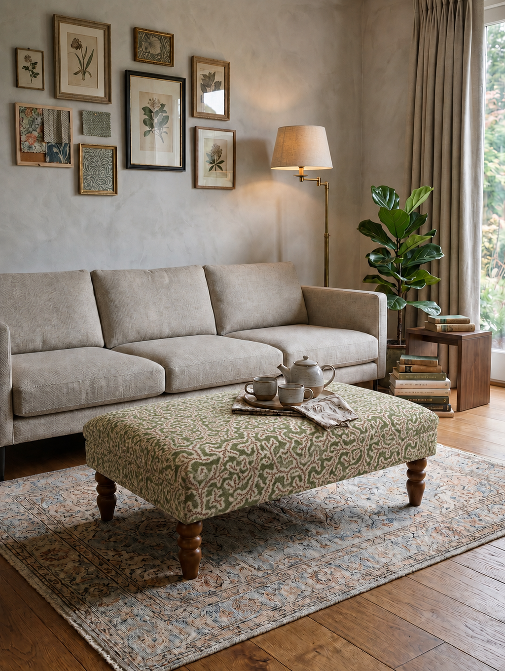 Handmade green and cream upholstered footstool with turned wooden legs, styled as a living room coffee table ottoman in front of a beige sofa.