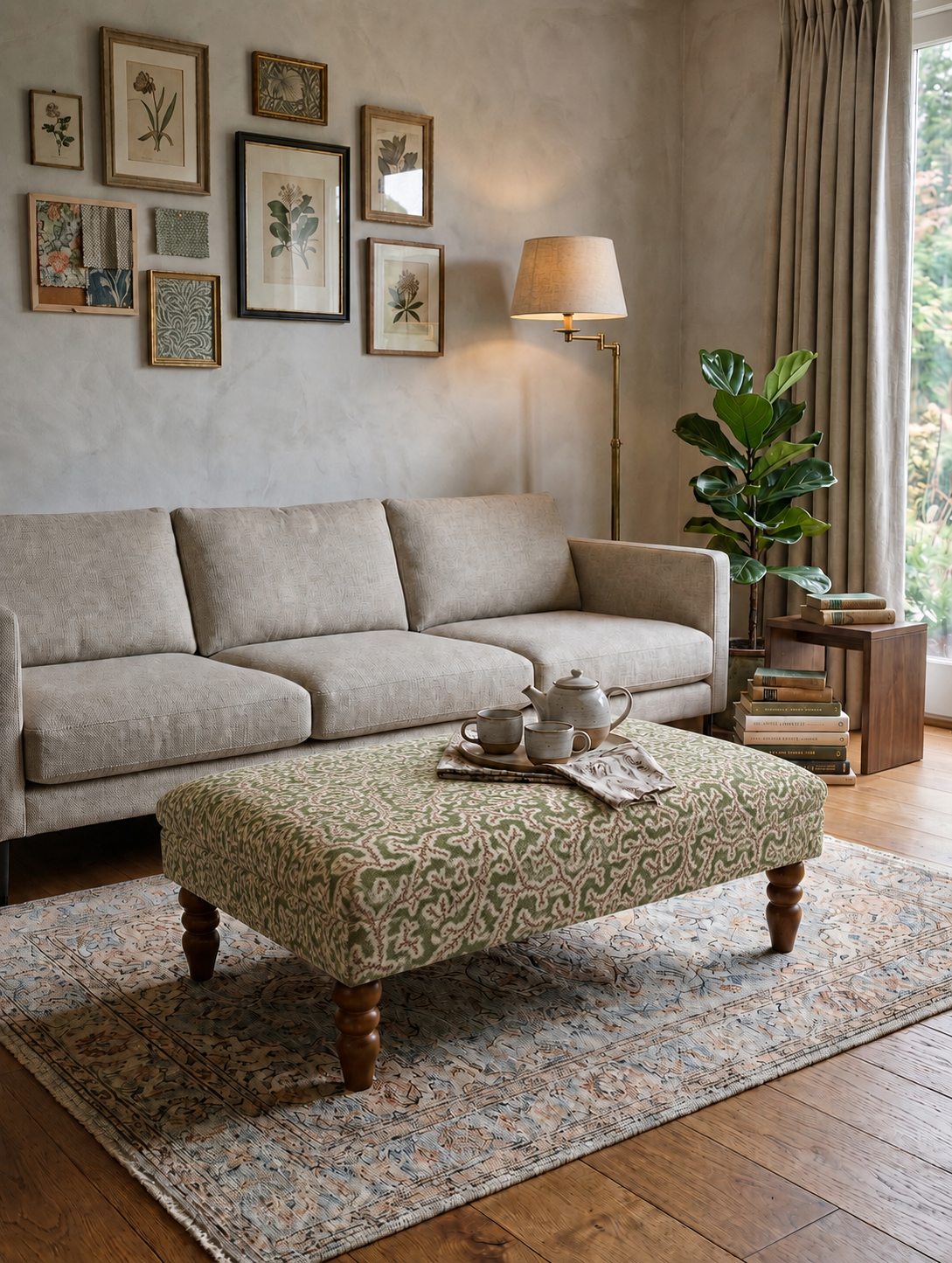 Handmade green and cream upholstered footstool with turned wooden legs, styled as a living room coffee table ottoman in front of a beige sofa.