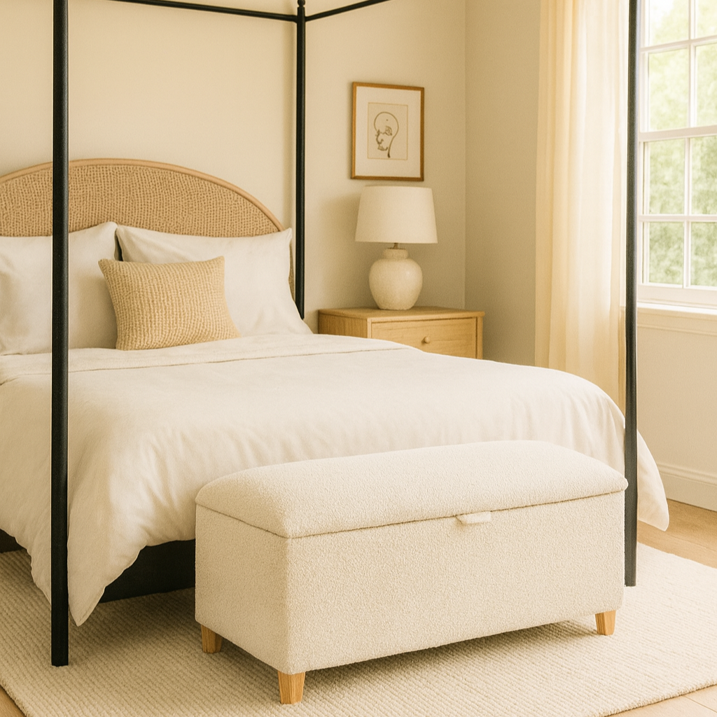 Bedroom with a canopy bed, ottoman, and lamp.