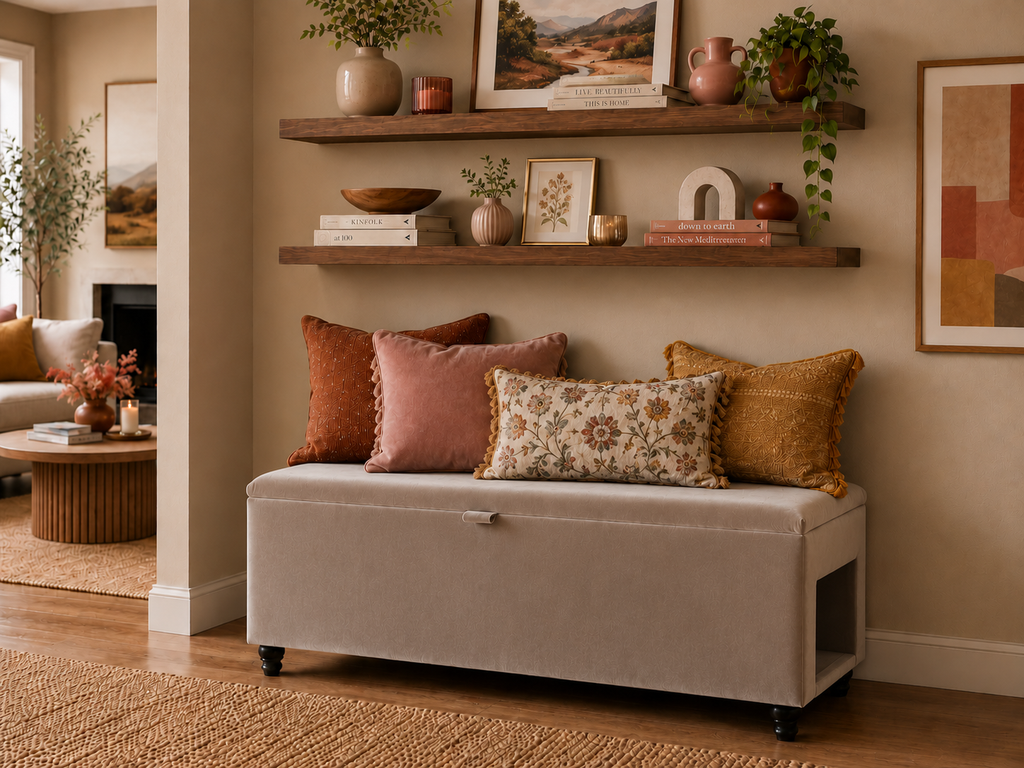 Living room with a Mole velvet storage bench with a side pet opening, decorative pillows, and wooden shelves.