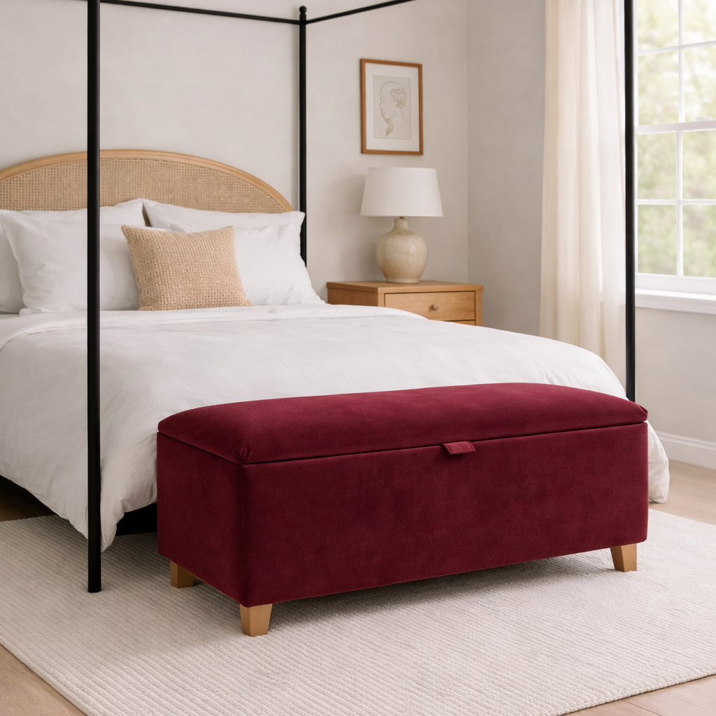 Bedroom with a four-poster bed and a red ottoman.