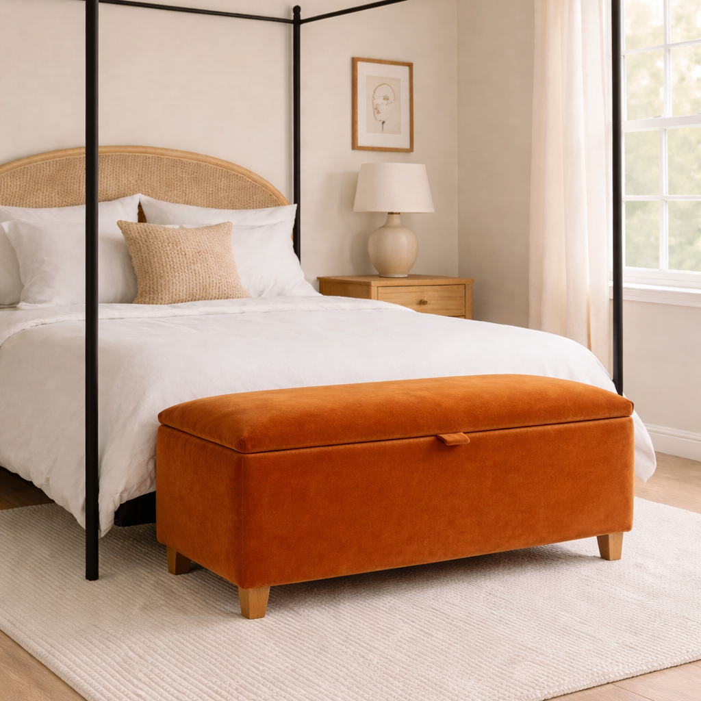 Bedroom with a canopy bed and orange ottoman
