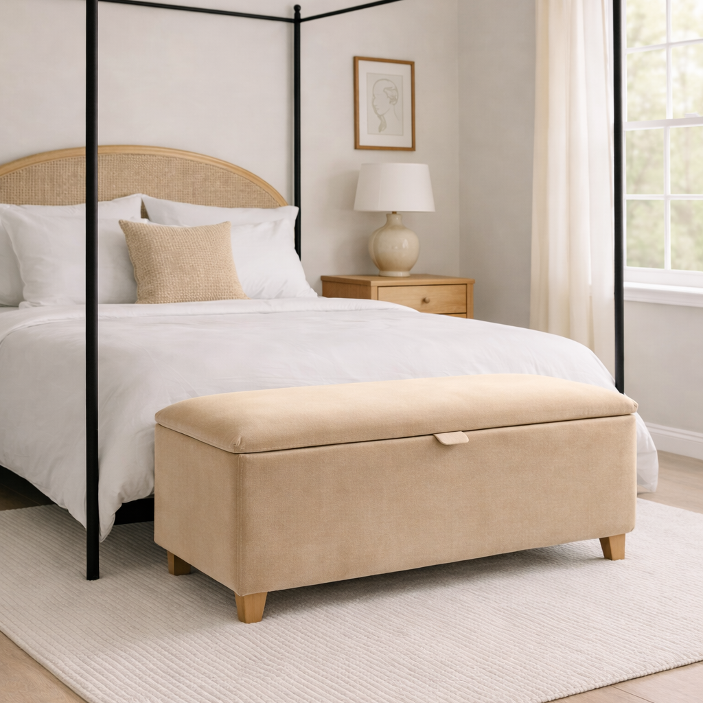 Bedroom with a four-poster bed, beige ottoman, and lamp.