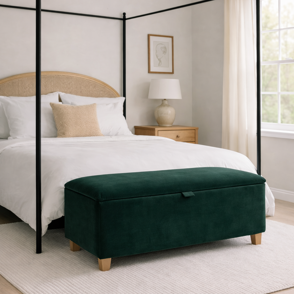 Bedroom with a four-poster bed and green ottoman.