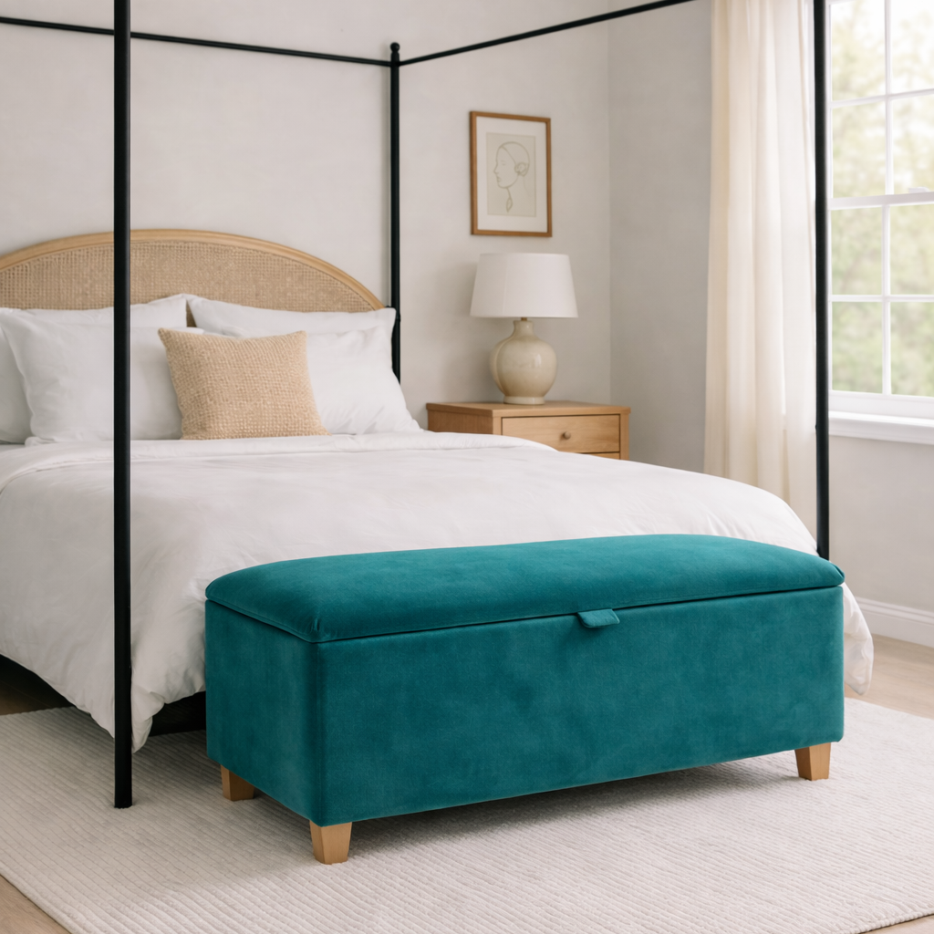Teal ottoman in front of a four-poster bed in a bedroom.