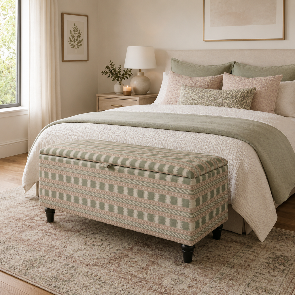 Modern pastel toned bedroom with an upholstered storage ottoman at the end of the bed. ottoman is in a striped box Paxton James hare fabric and black feet. Stood on a rug over a wooden floor. 