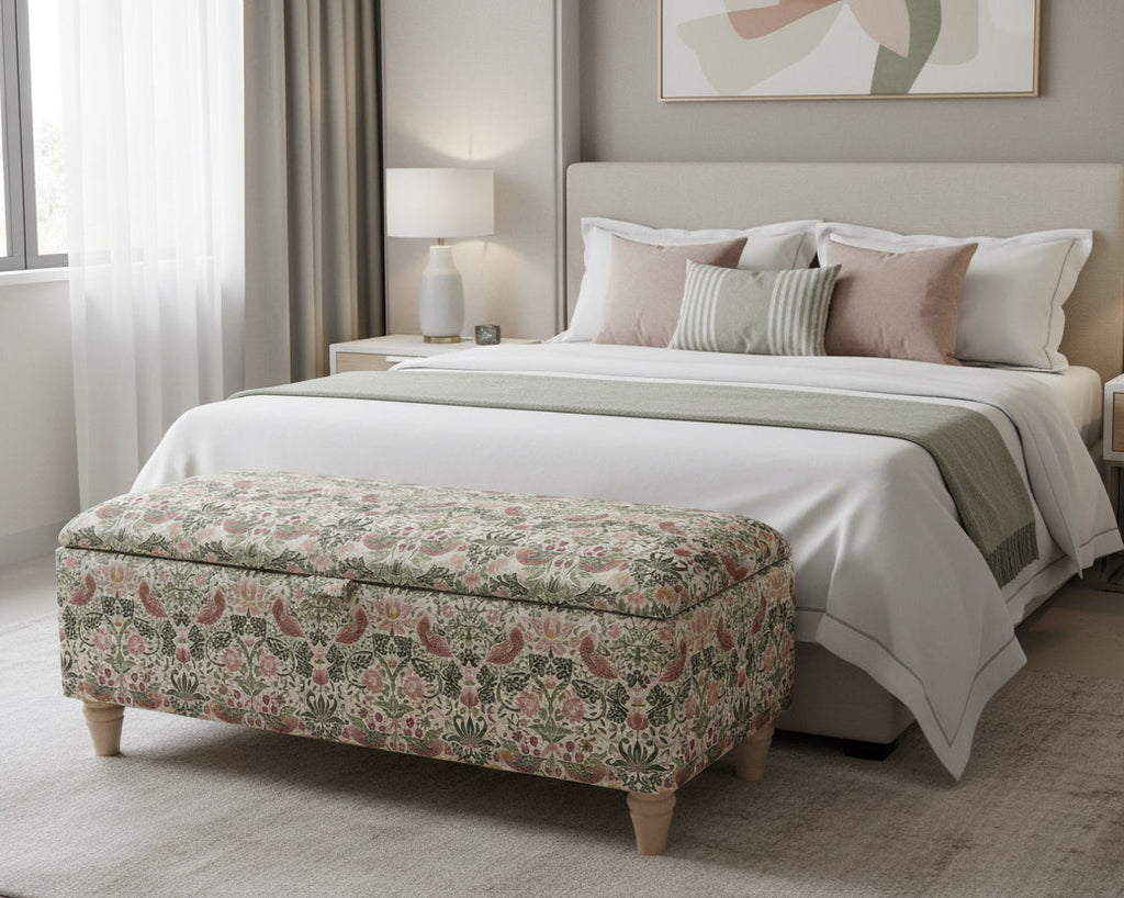 Bedroom with floral William morris ottoman, modern bed, and nightstands.