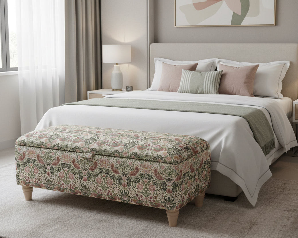 Bedroom with floral William morris ottoman, modern bed, and nightstands.