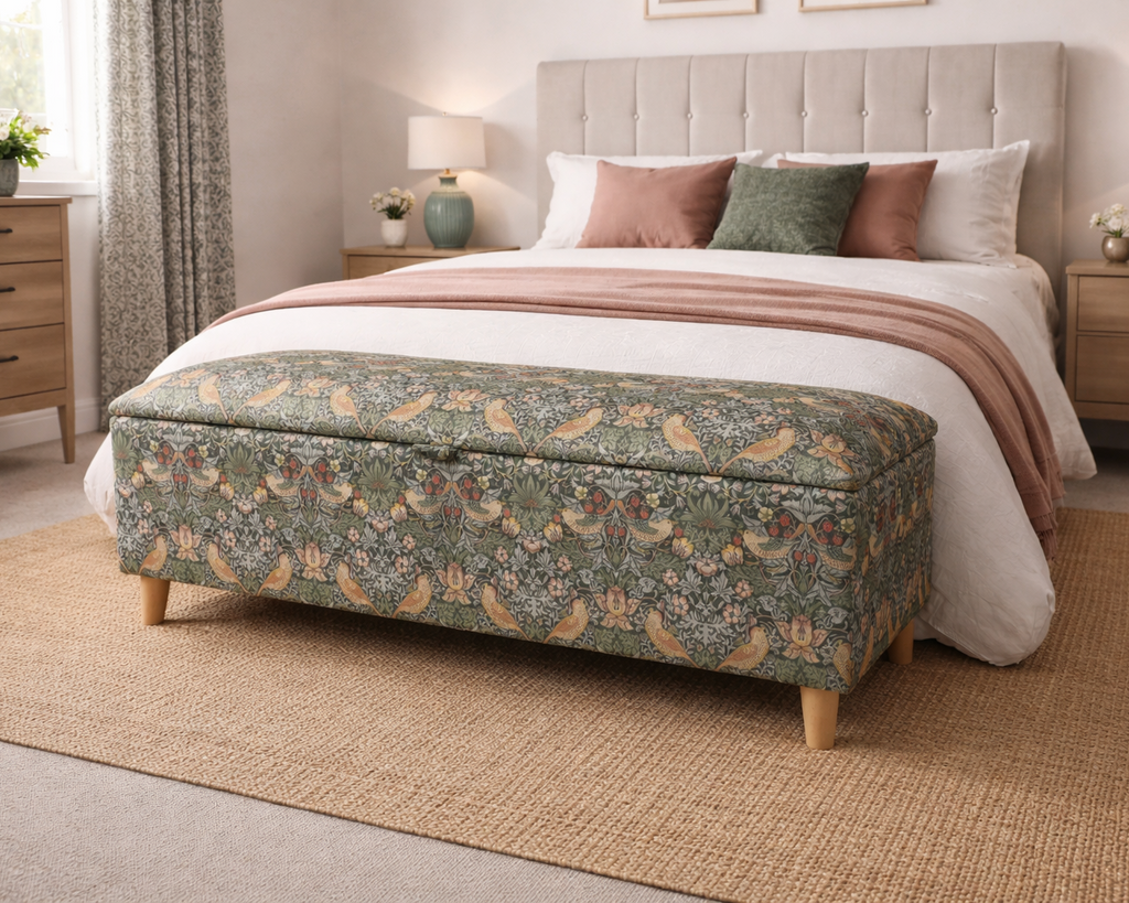 Bedroom with a floral-patterned William morris ottoman at the foot of a bed.