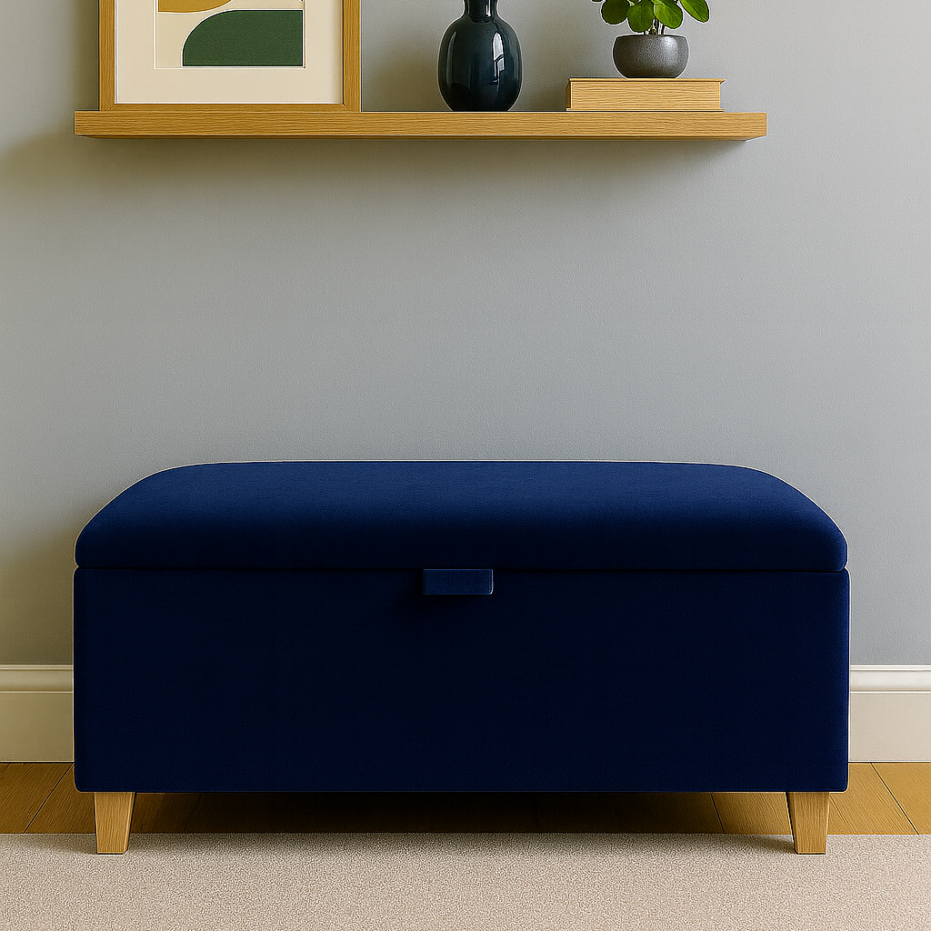 Navy blue storage ottoman in a room with a shelf featuring decor items.
