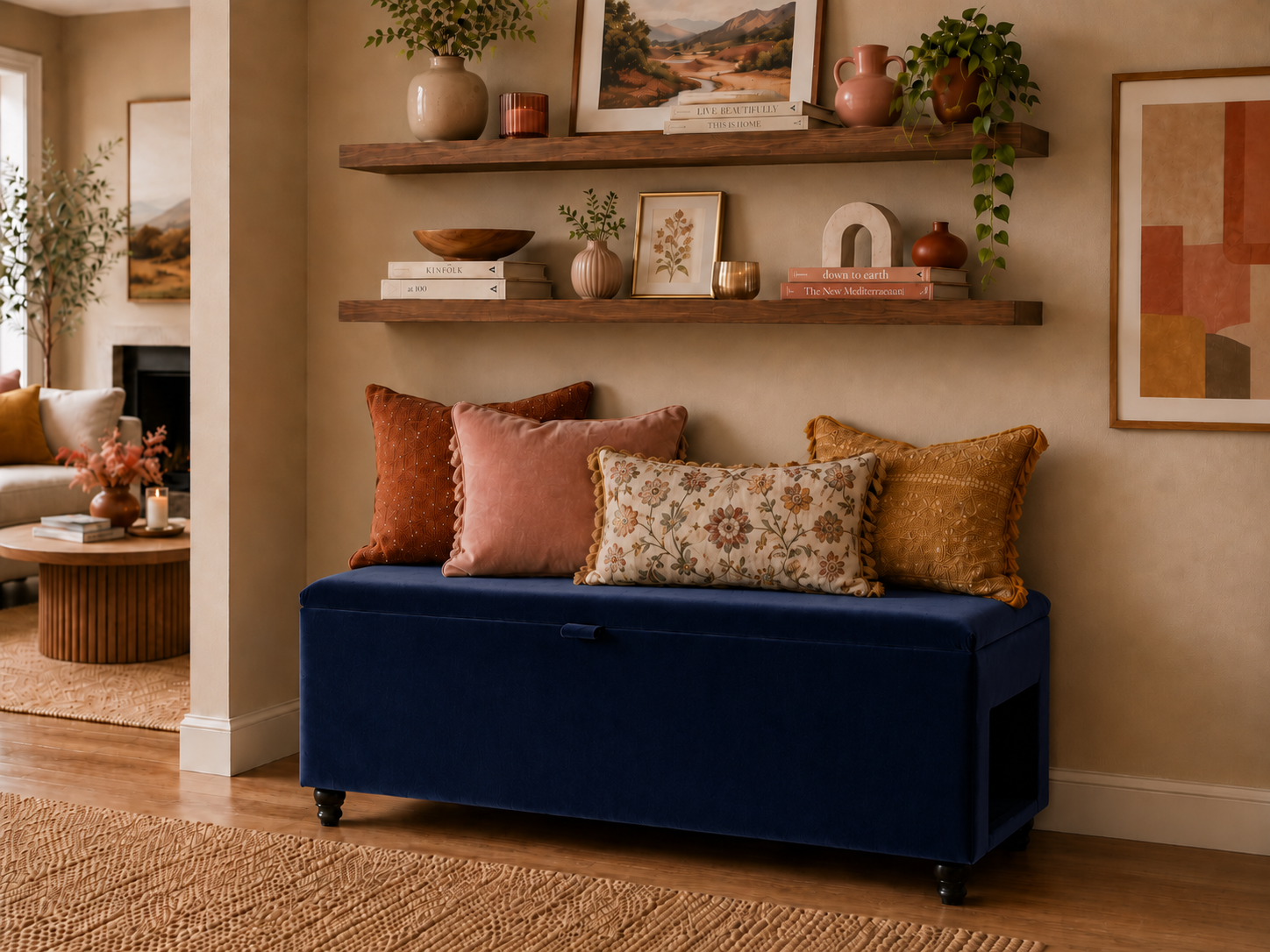 Navy blue storage bench with colorful pillows in a living room setting.