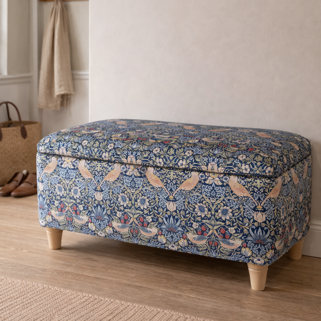Blue strawberry thief patterned ottoman on a wooden floor with a neutral rug and wall in the background