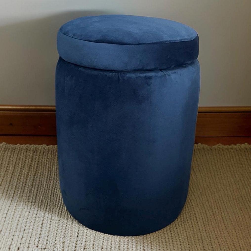 Dressing table stool in navy blue velvet upholstered fabric