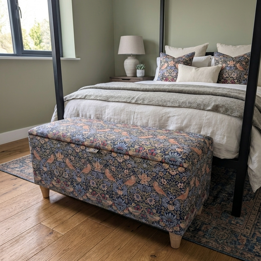 Bedroom with a four-poster bed and floral strawberry thief bench