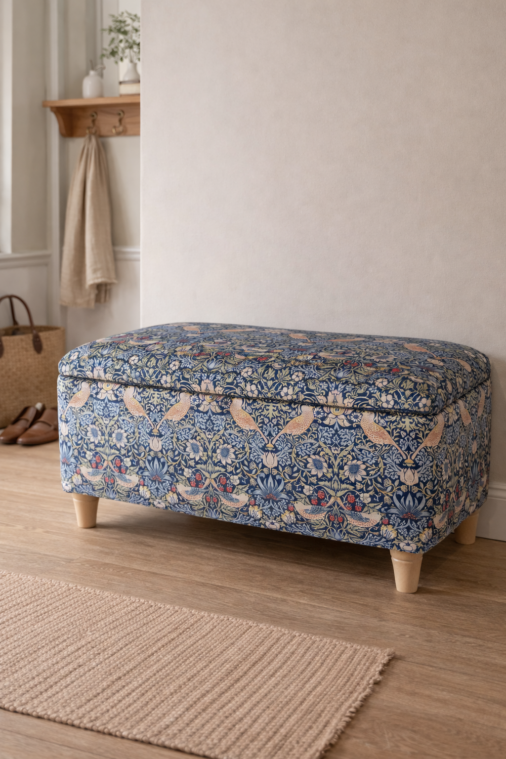 Blue William morris bird patterned ottoman on a wooden floor with a neutral rug and wall in the background