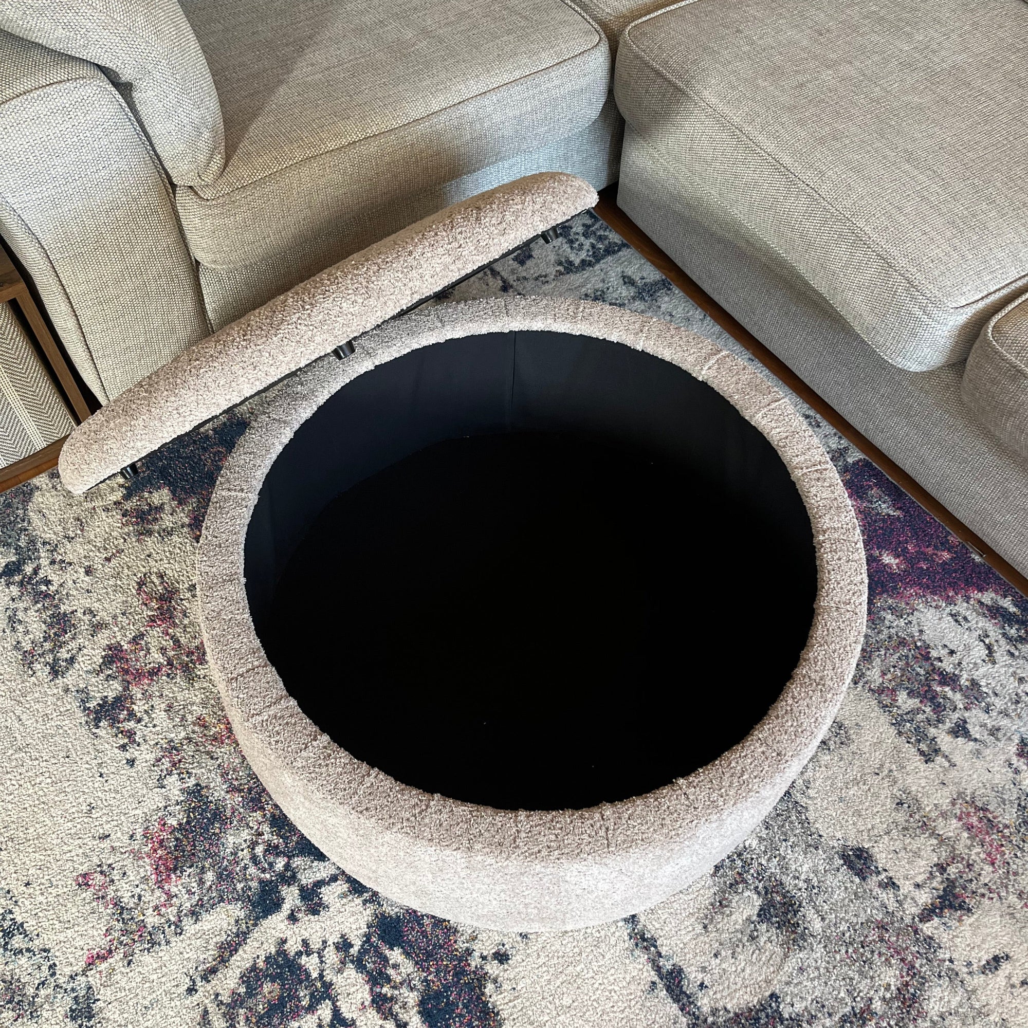 large round storage pouffe open removable lid boucle soft teddy fabric