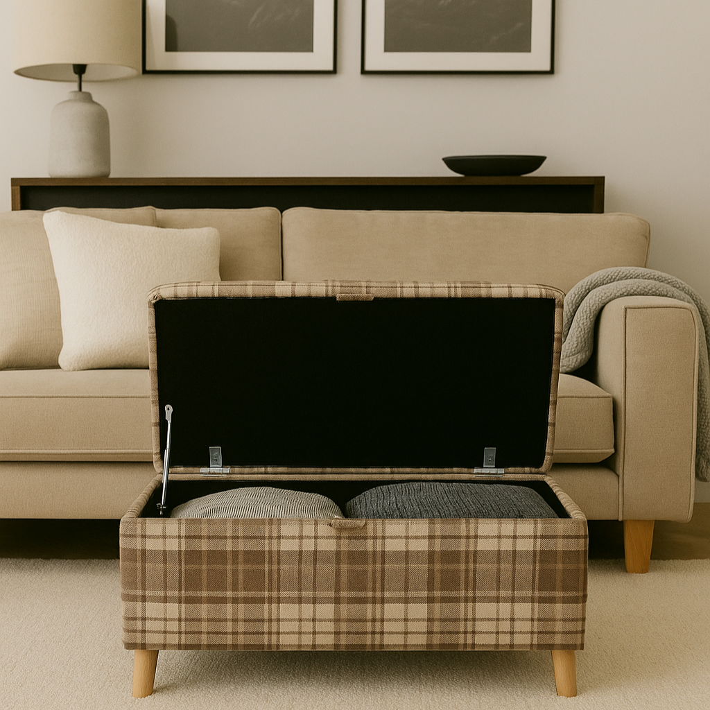 Plaid ottoman with storage compartment in a living room setting.