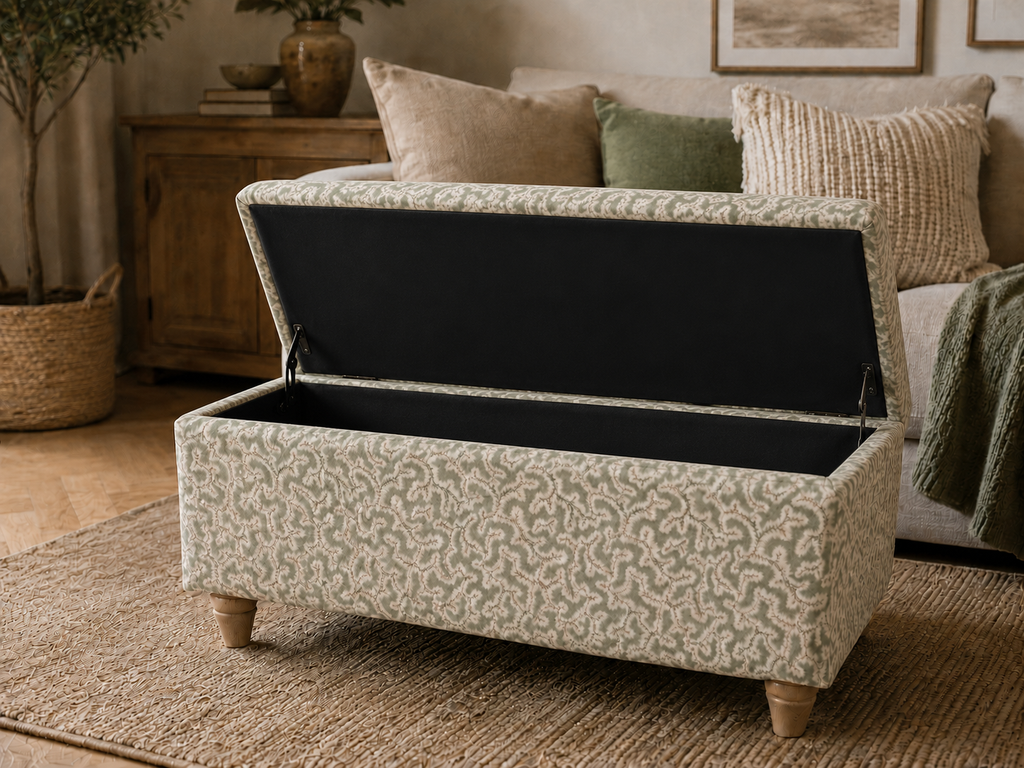 A rectangular storage bench with a patterned fabric upholstery and a black cushioned interior, shown open in a styled living room setting.