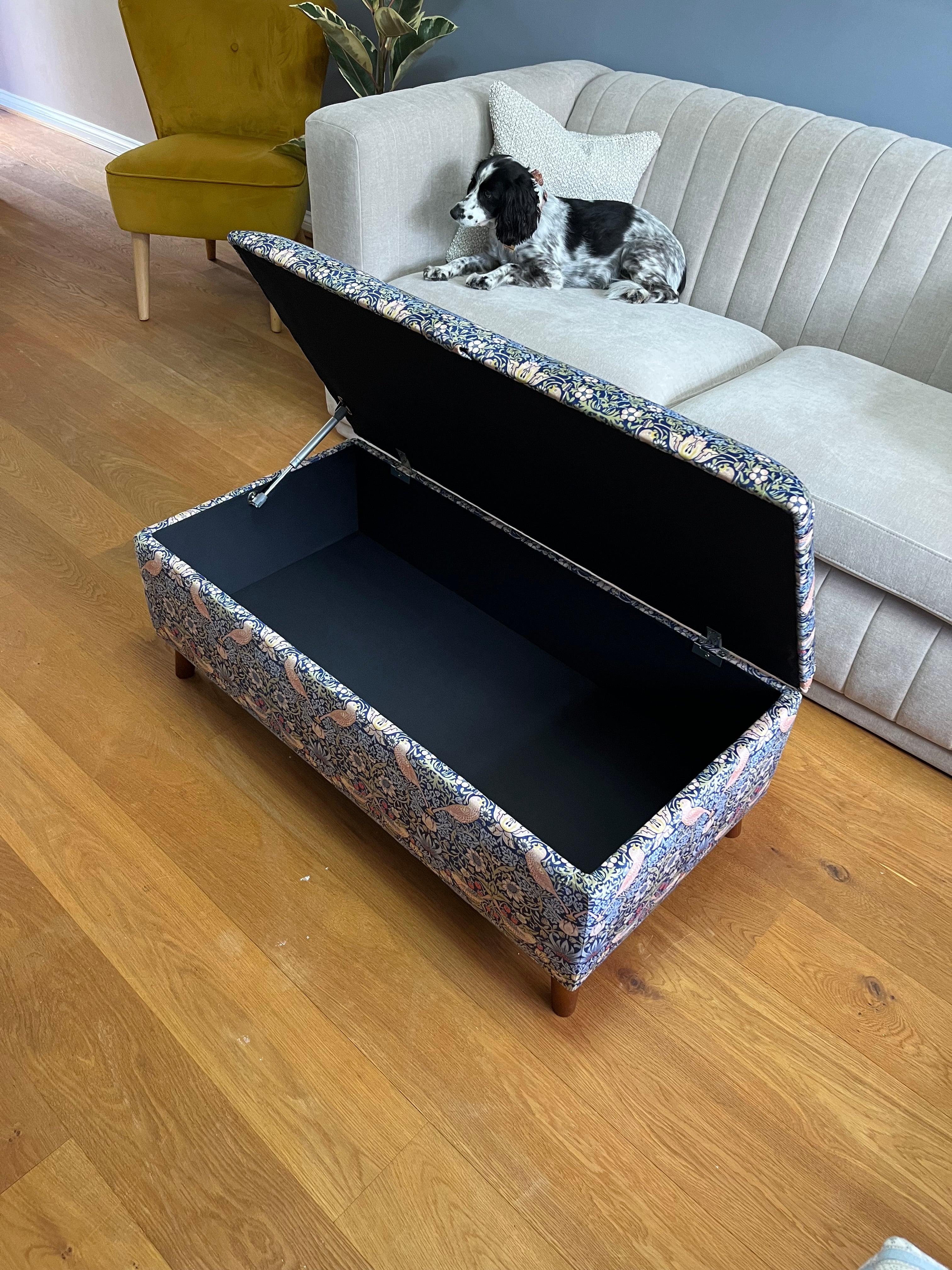 Living room with an open William morris strawberry thief ottoman footstool 