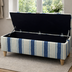 Blue Linwood Wavy Striped storage bench with open lid in a room with a window and shoes on the floor.
