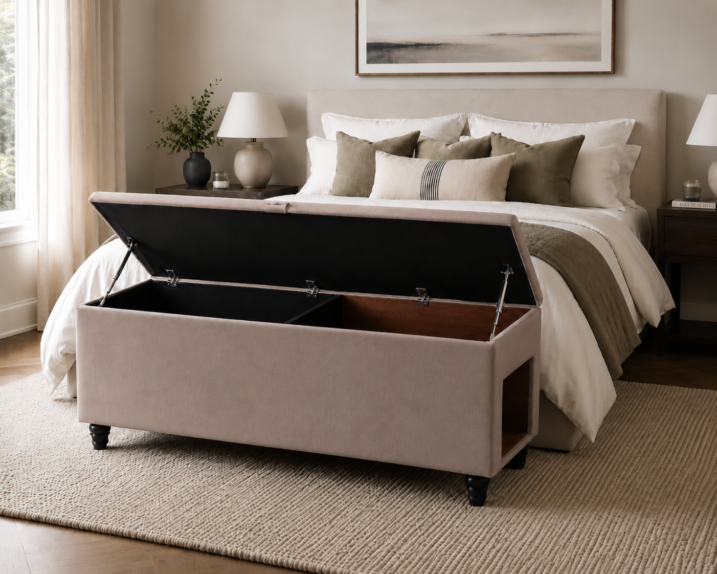 A beige upholstered storage bench with a lift-up lid, shown in a styled bedroom setting in front of a bed with an opening in the side for a pet entrance.