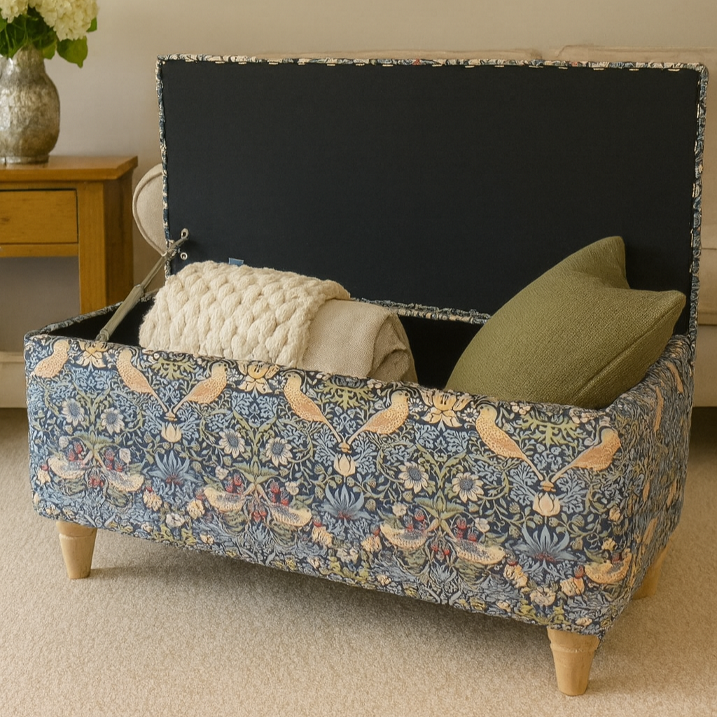 Floral-patterned storage bench with cushions in a room setting